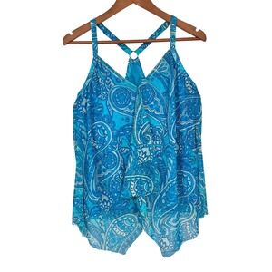 Beach House Tankini Top Womens 18W Blue Paisley Handkerchief Hem Racerback